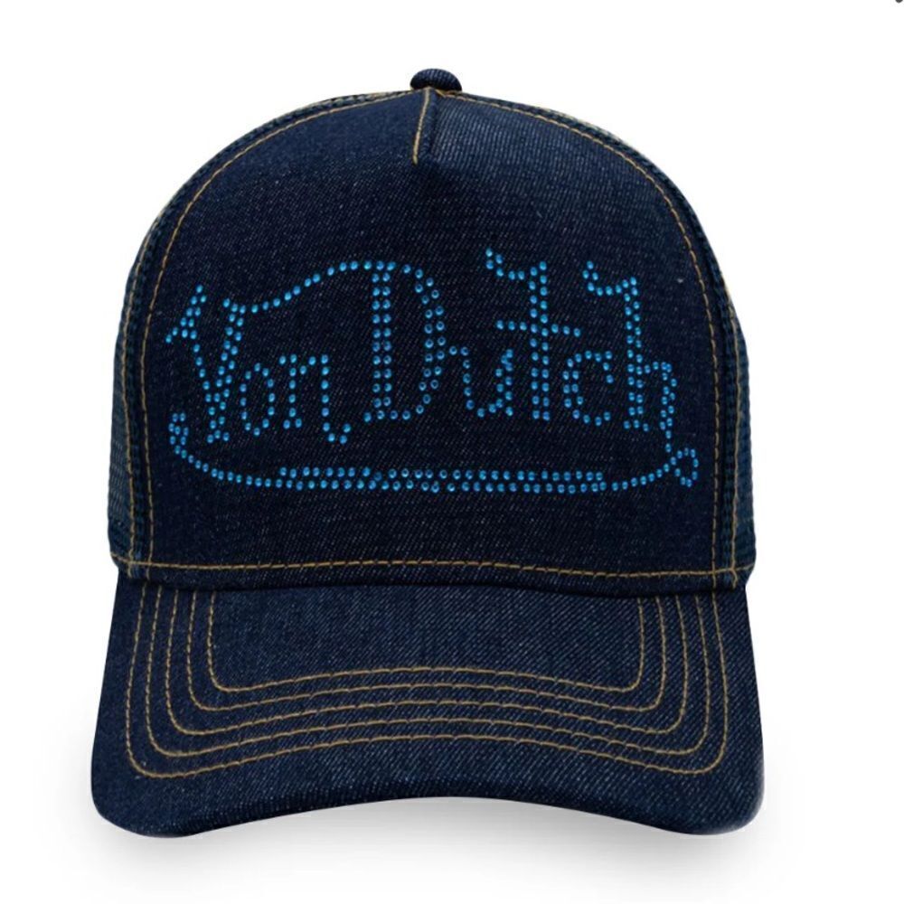 NWT New! VON DUTCH NAVY BLUE STONE DENIM TRUCKER HAT w/RHINESTONE LOGO.